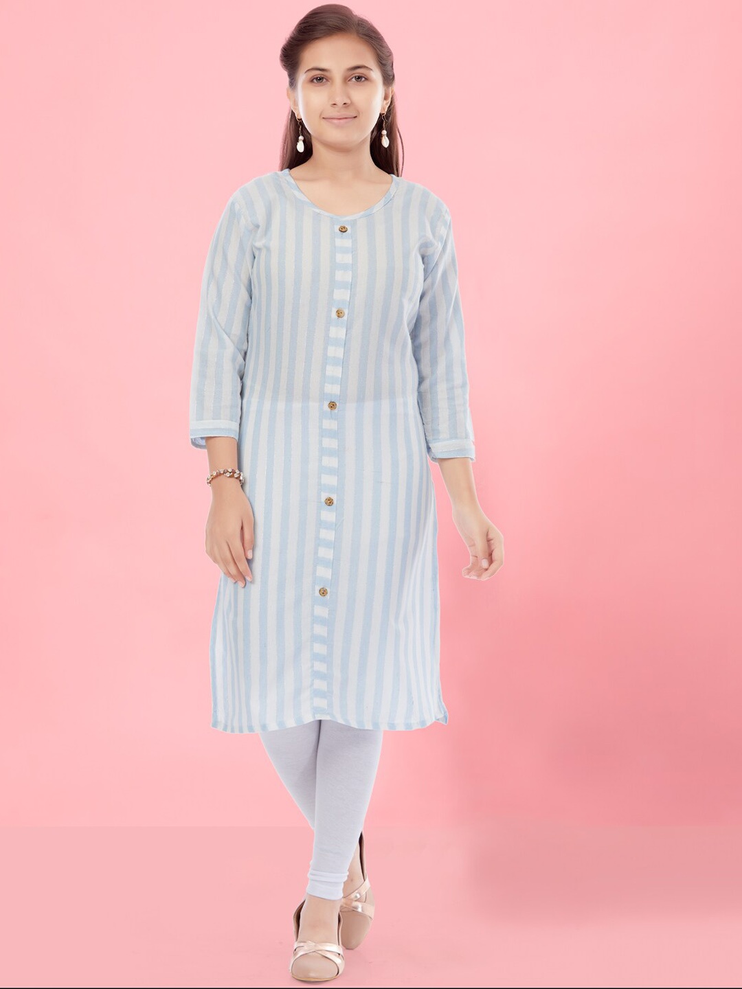 

Aarika Girls Striped Cotton Straight Kurta, Turquoise blue