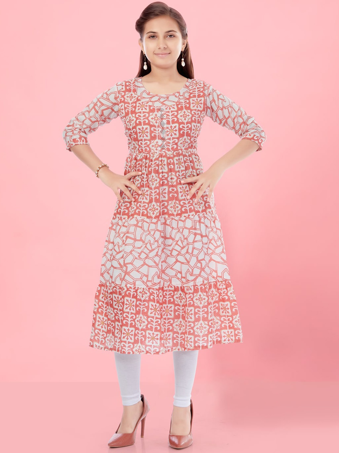 

Aarika Girls Ethnic Motifs Printed Pure Cotton Pleated A-Line Kurta With Leggings, Pink