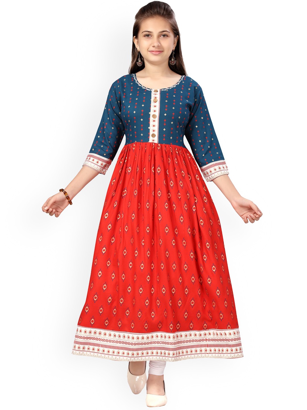 

Aarika Girls Green Ethnic Motifs Printed Pure Cotton A-line Kurta With Leggings, Teal