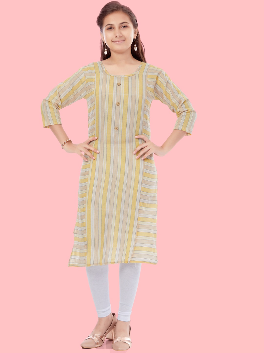 

Aarika Girls Striped Pure Cotton Straight Kurta With Leggings, Yellow