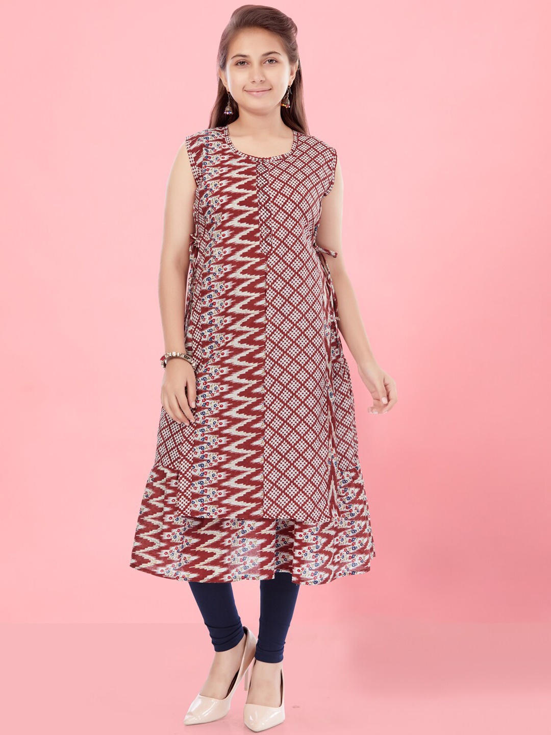 

Aarika Girls Geometric Printed Cotton Layered A-Line Kurta, Maroon