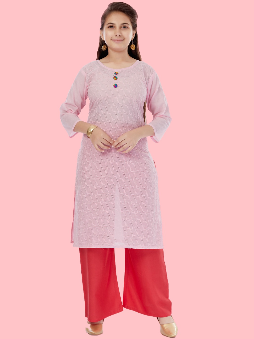 

Aarika Girls Geometric Embroidered Cotton Straight Kurta, Pink