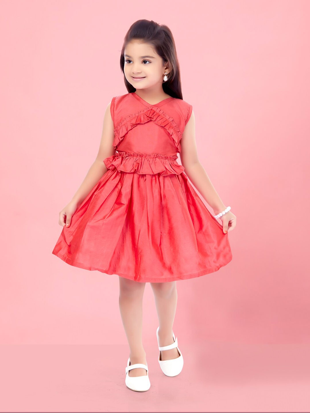 

Aarika V-Neck Ruffles Silk Fit and Flare Dress, Red