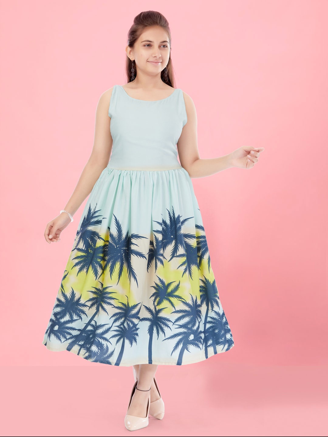 

Aarika Tropical Printed Smocked Fit & Flare Midi Dress, Turquoise blue