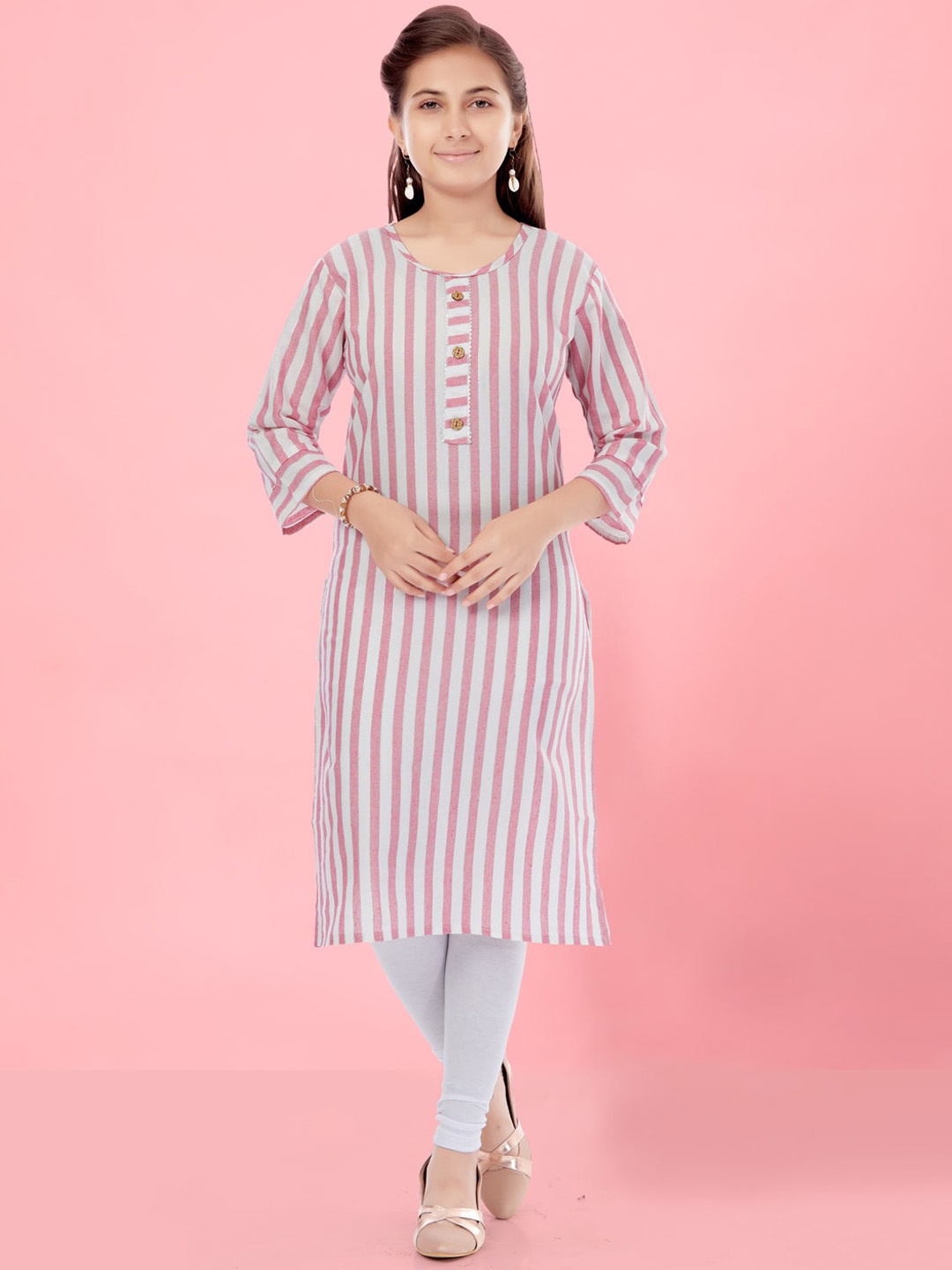 

Aarika Girls Striped Gotta Patti Detailed Pure Cotton Straight Kurta With Leggings, Pink