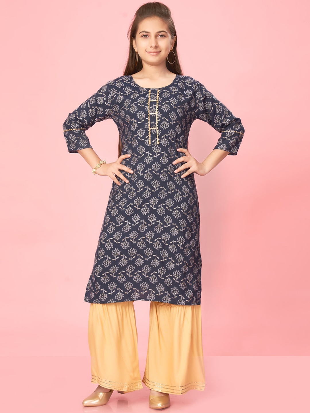 

Aarika Girls Ethnic Motifs Printed Gotta Patti Pure Cotton Straight Kurta With Sharara, Navy blue