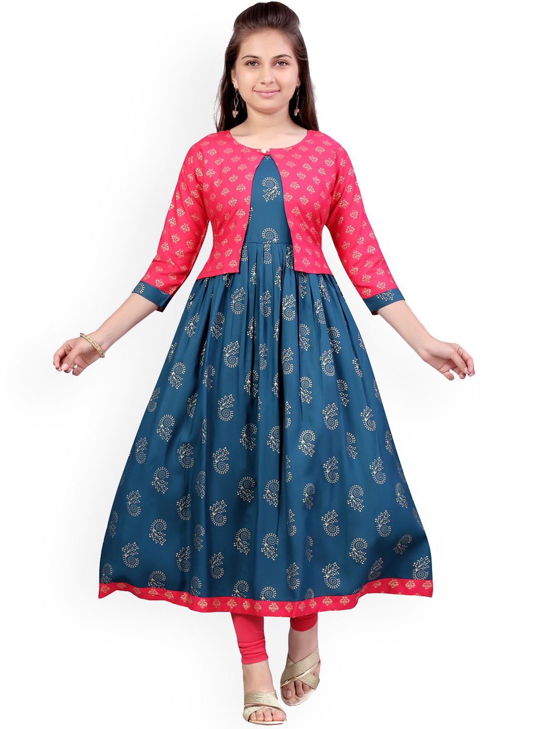 

Aarika Girls Ethnic Motifs Printed Pure Cotton Anarkali Kurta With Leggings, Teal