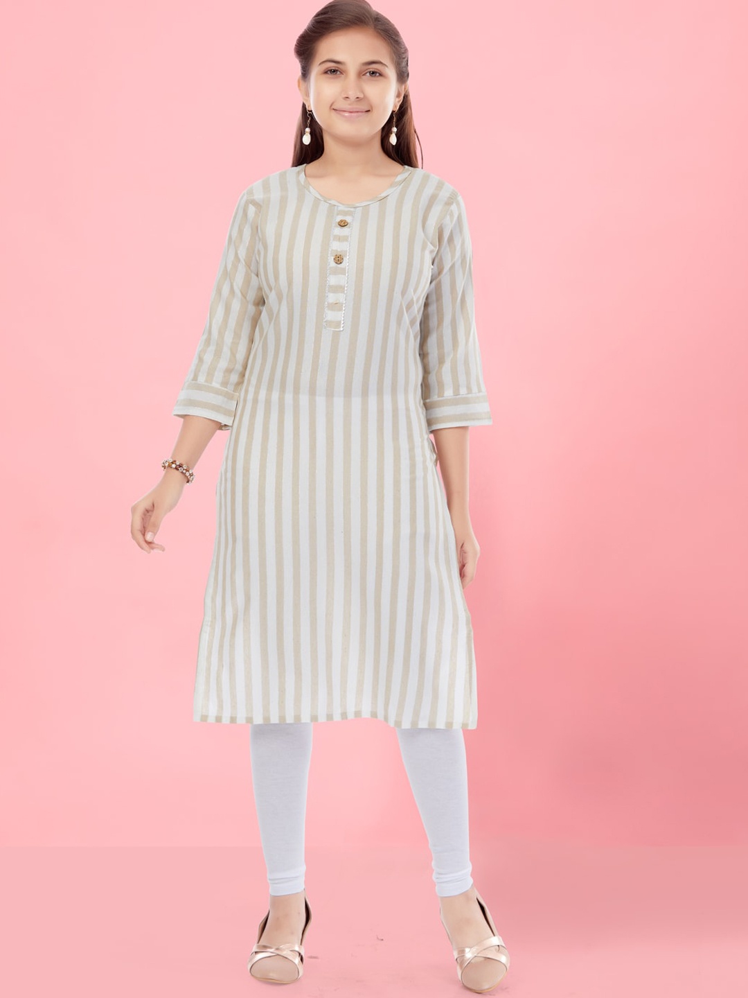 

Aarika Girls Striped Pure Cotton Kurta With Leggings, Beige