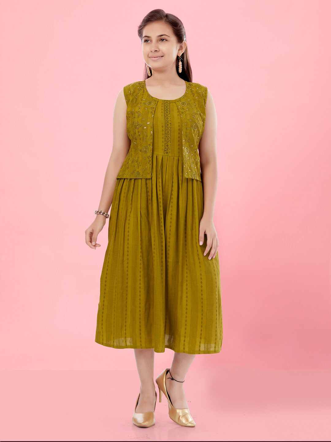 

Aarika Girls Floral Embroidered Round Neck Sequinned A-Line Midi Dress, Olive