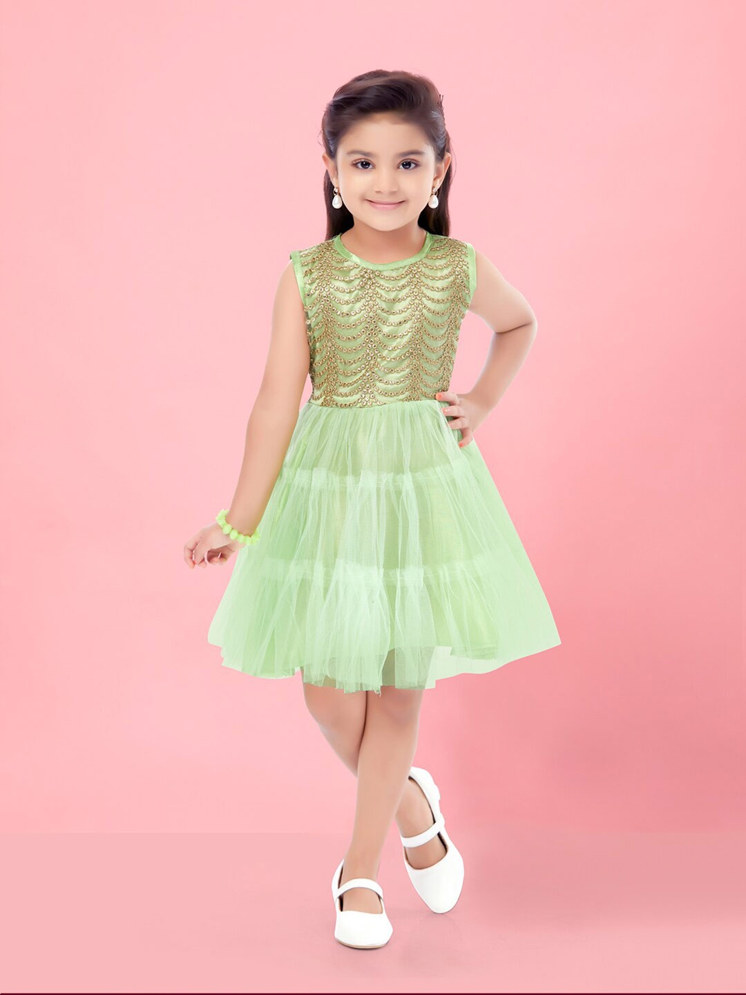 

Aarika Girls Embellished Round Neck Gathered Tiered Fit & Flare Dress, Sea green