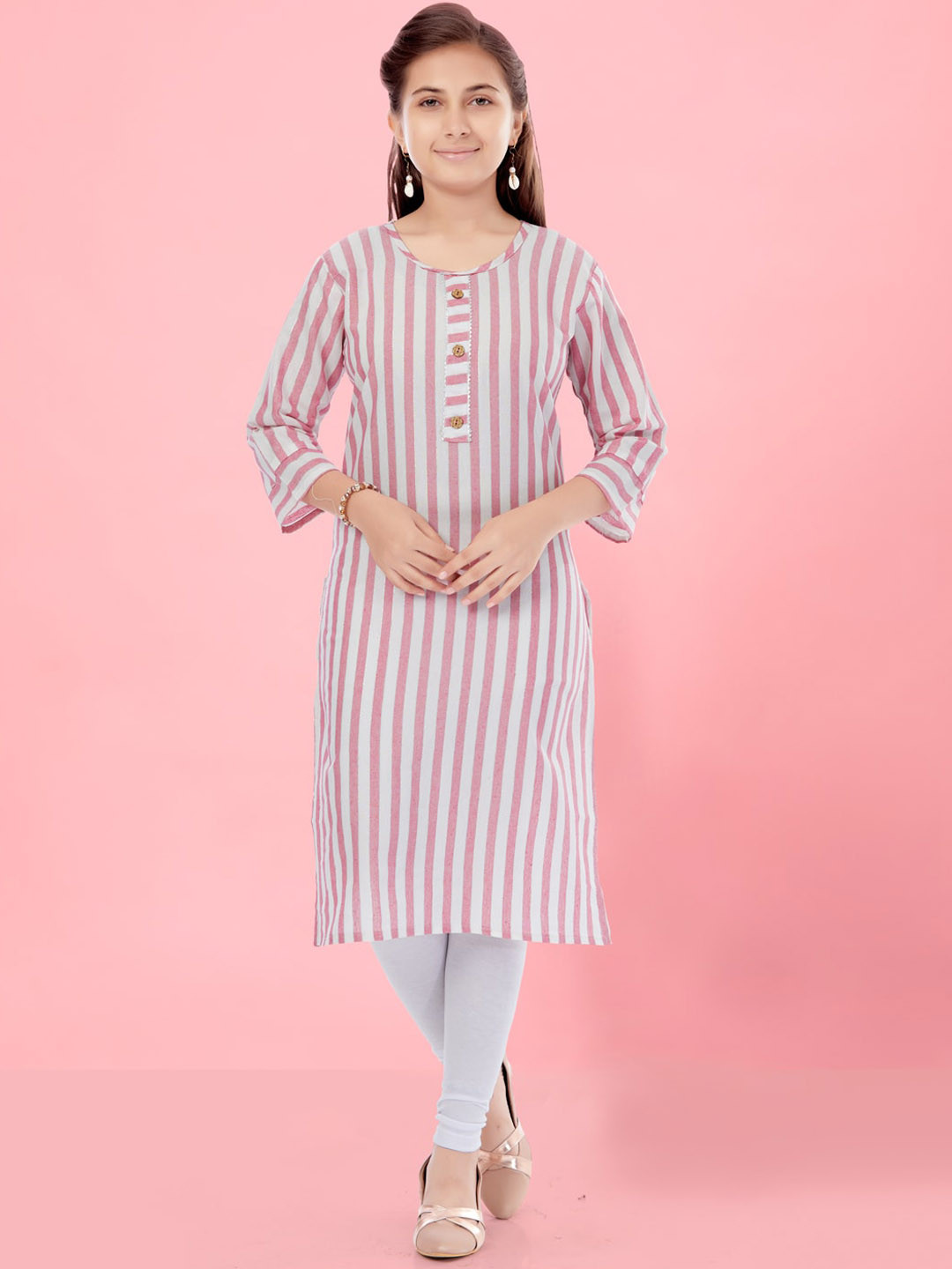 

Aarika Girls Striped Gotta Patti Cotton Kurta, Pink