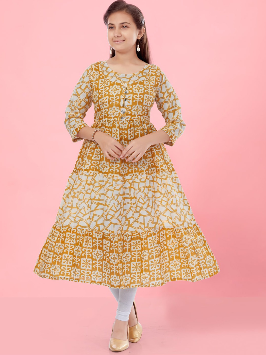 

Aarika Girls Ethnic Motifs Printed Pure Cotton Anarkali Kurta With Leggings, Yellow