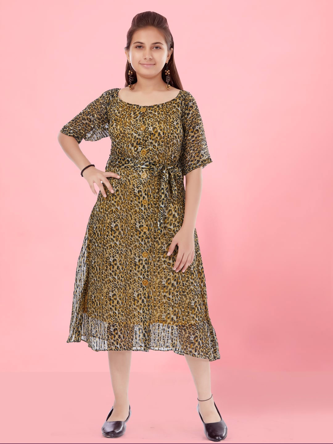 

Aarika Animal Printed Puff Sleeves Tie-Ups Georgette Shirt Midi Dress, Yellow