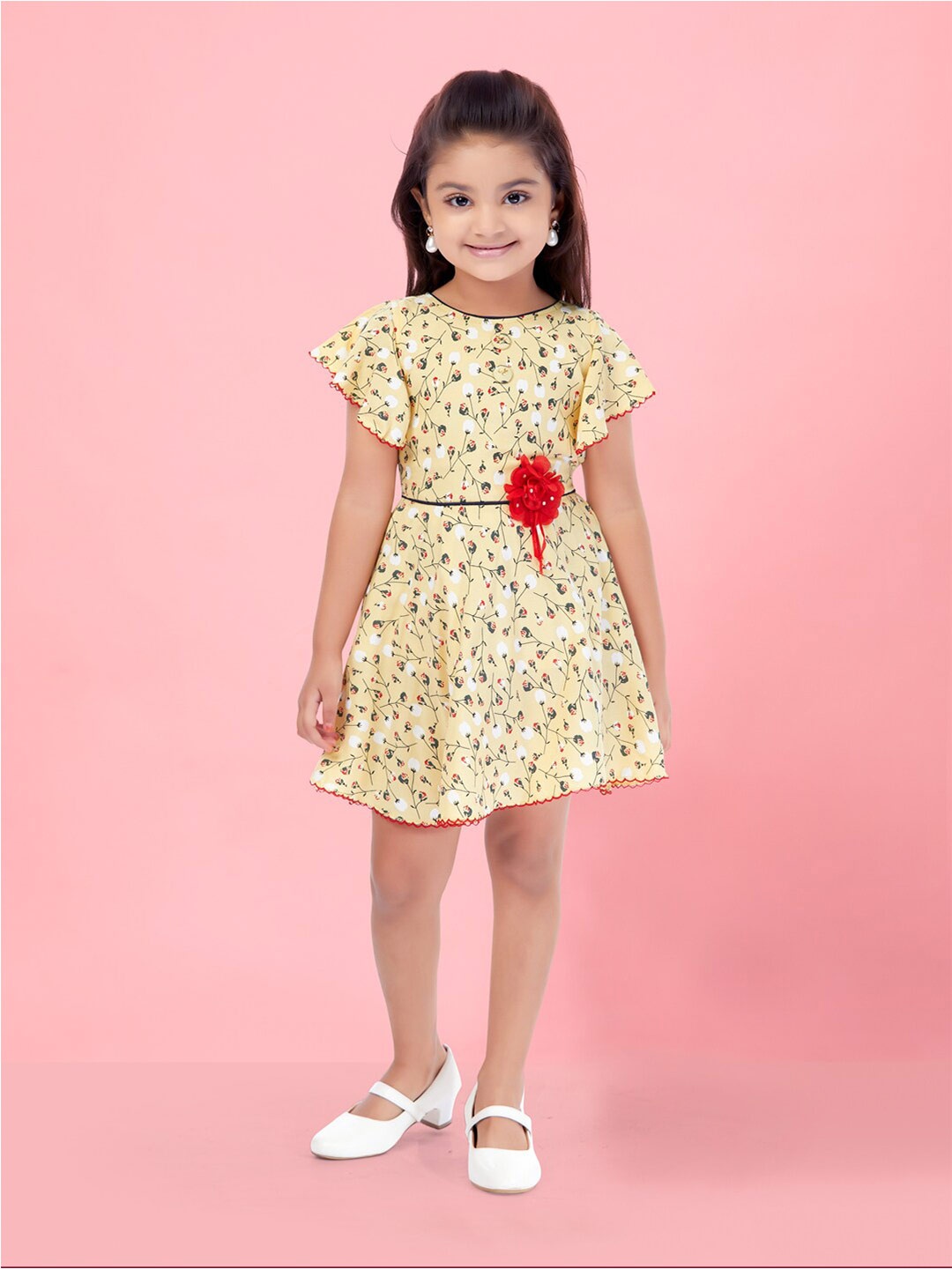 

Aarika Girls Floral Printed Flutter Sleeves Cotton Fit & Flare Dress, Yellow