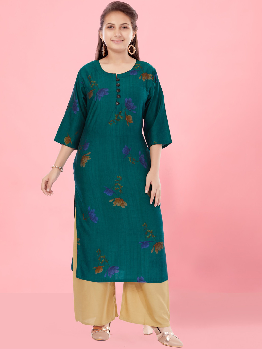 

Aarika Girls Floral Printed Pure Cotton Kurta With Palazzos, Green