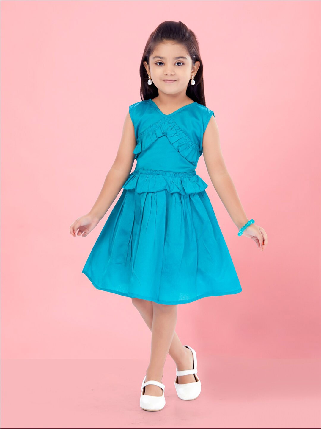 

Aarika Girls Ruffles Detailed Silk Fit & Flare Midi Dress, Turquoise blue