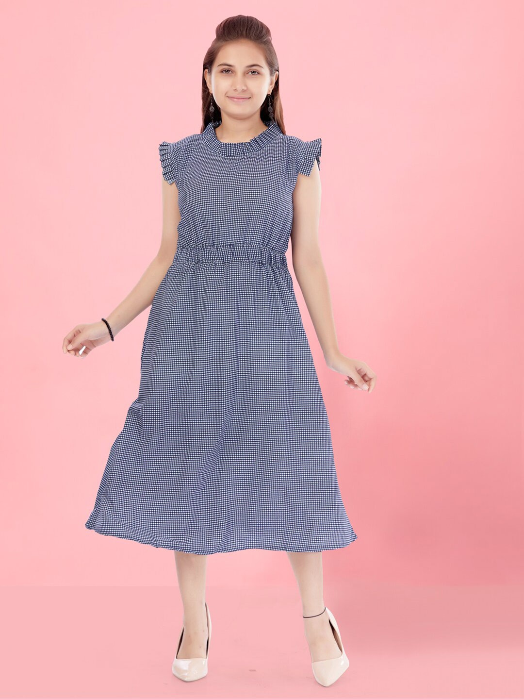 

Aarika Checked Cap Sleeves Gathered Cotton A-Line Midi Dress, Blue