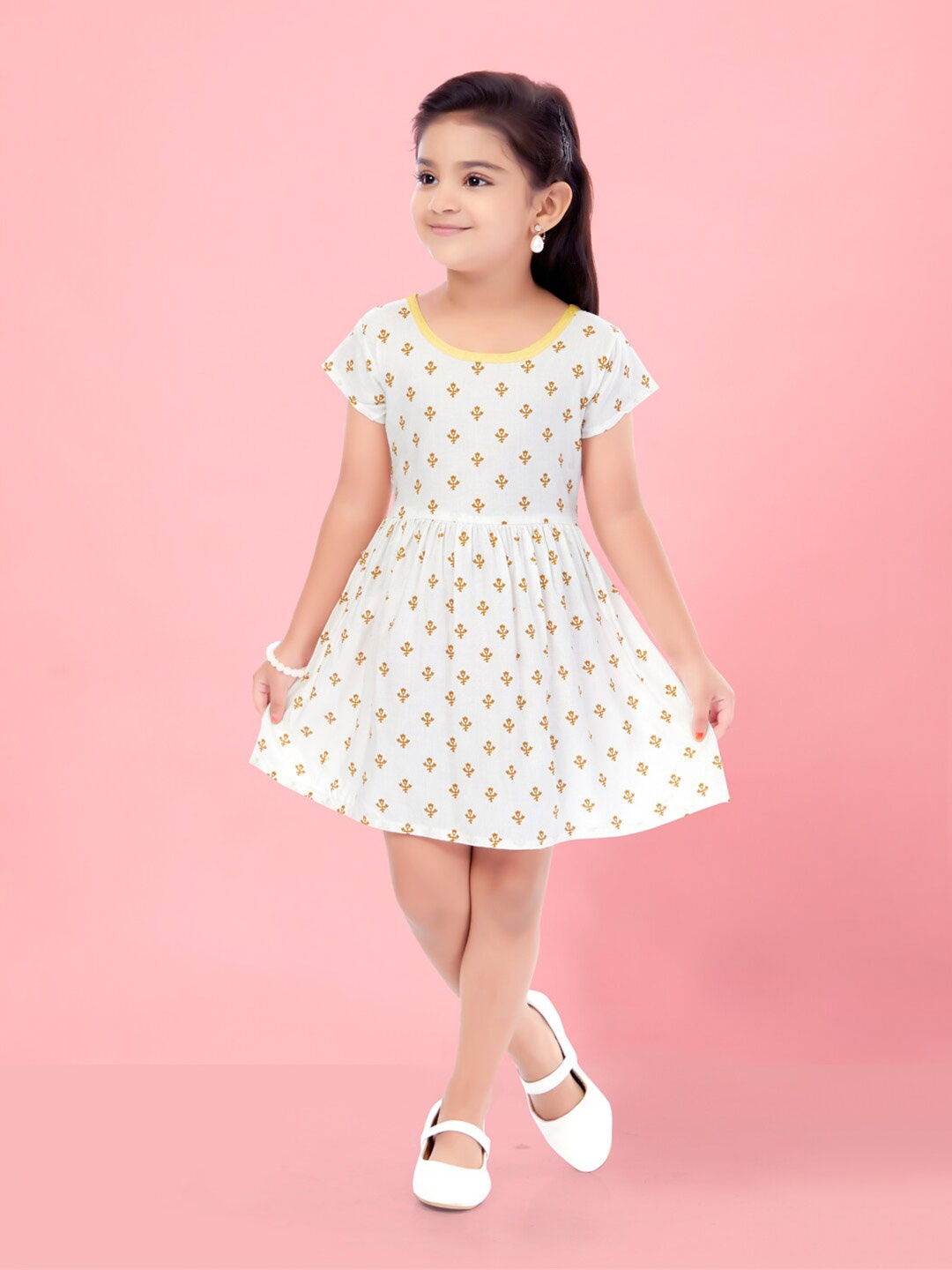 

Aarika Ethnic Motifs Printed Gathered Cotton Fit & Flare Dress, White