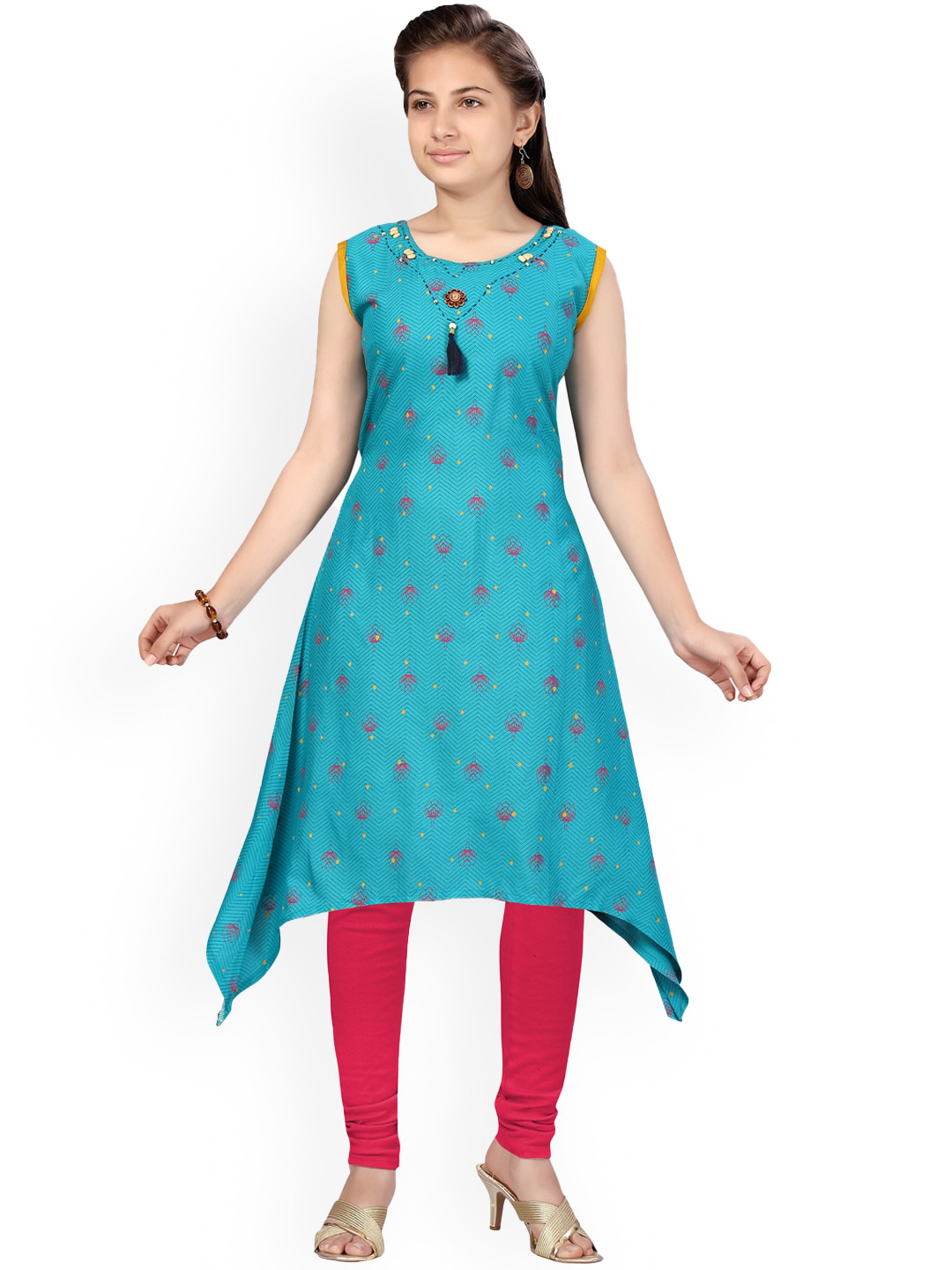

Aarika Girls Ethnic Motifs Printed Tie-Ups Asymmetric Hem Pure Cotton Kurta With Leggings, Turquoise blue