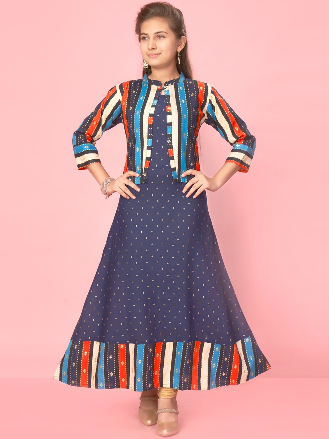 

Aarika Girls Bandhani Printed Regular Pure Cotton Kurta With Leggings & Jacket, Navy blue