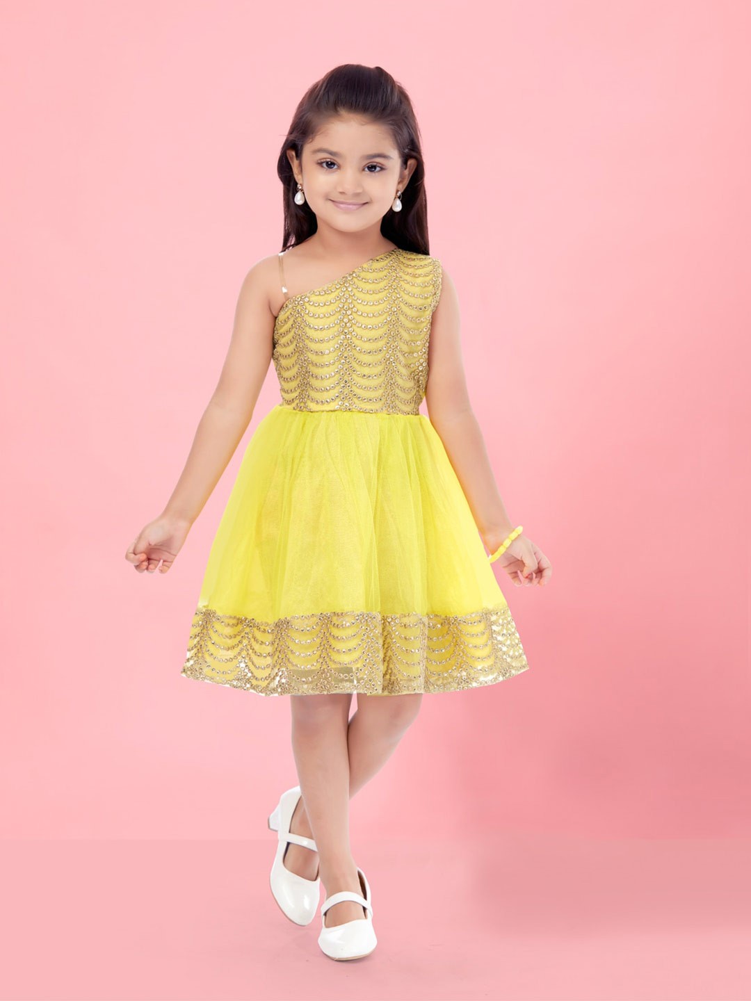 

Aarika Girls Embellished One Shoulder Gathered Fit & Flare Dress, Yellow