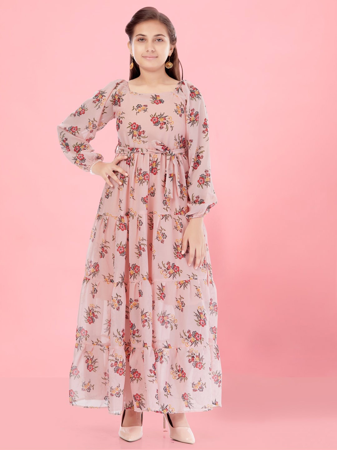 

Aarika Floral Printed Puff Sleeve Tiered Tie-Ups Georgette Maxi Dress, Peach
