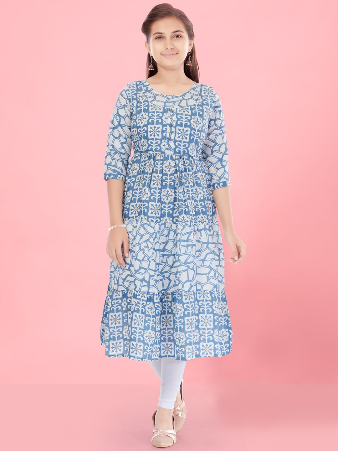 

Aarika Girls Ethnic Motifs Printed A-Line Cotton Kurta, Blue