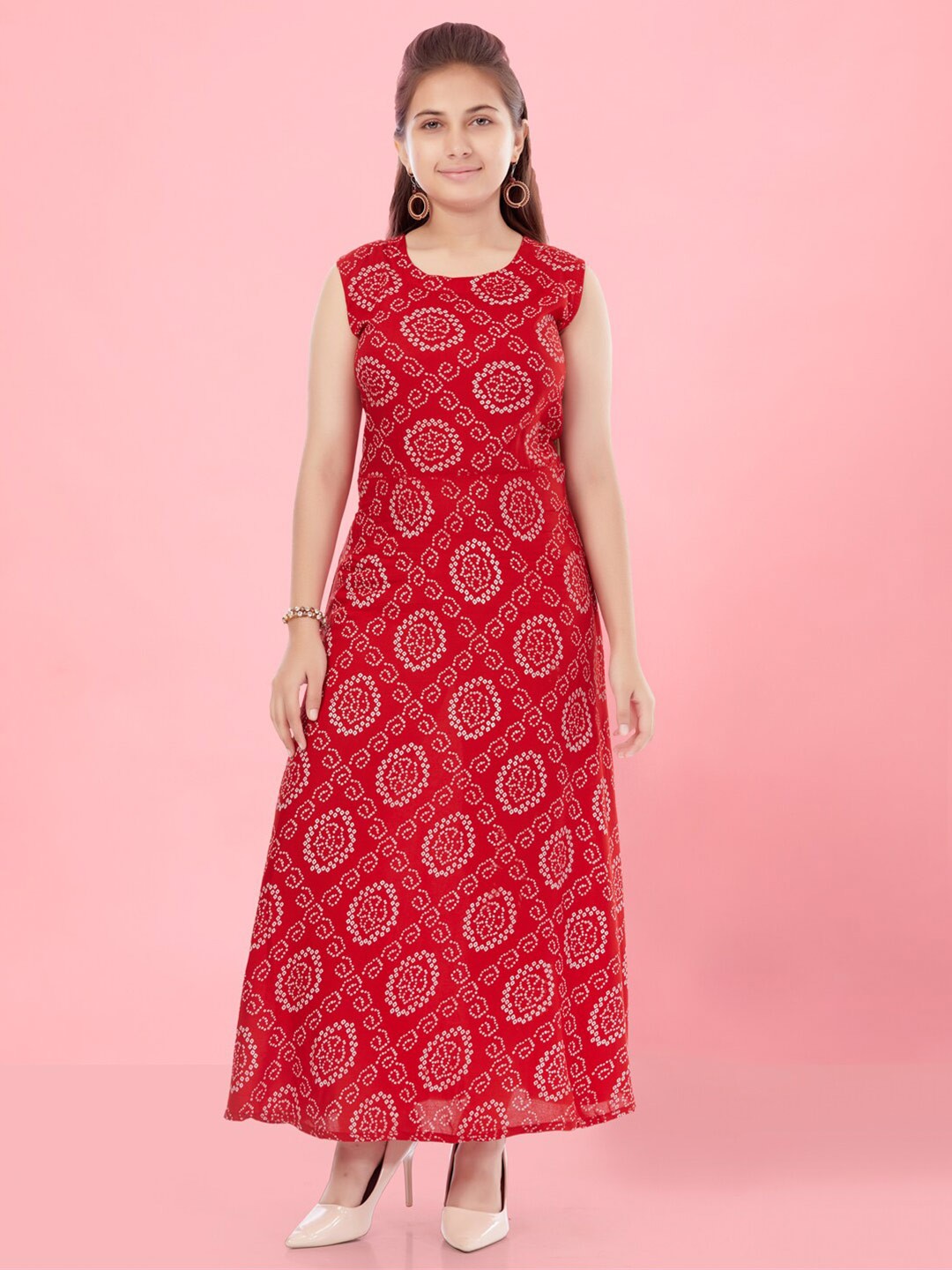

Aarika Girls Ethnic Motifs Printed Cotton Maxi Ethnic Dress, Red