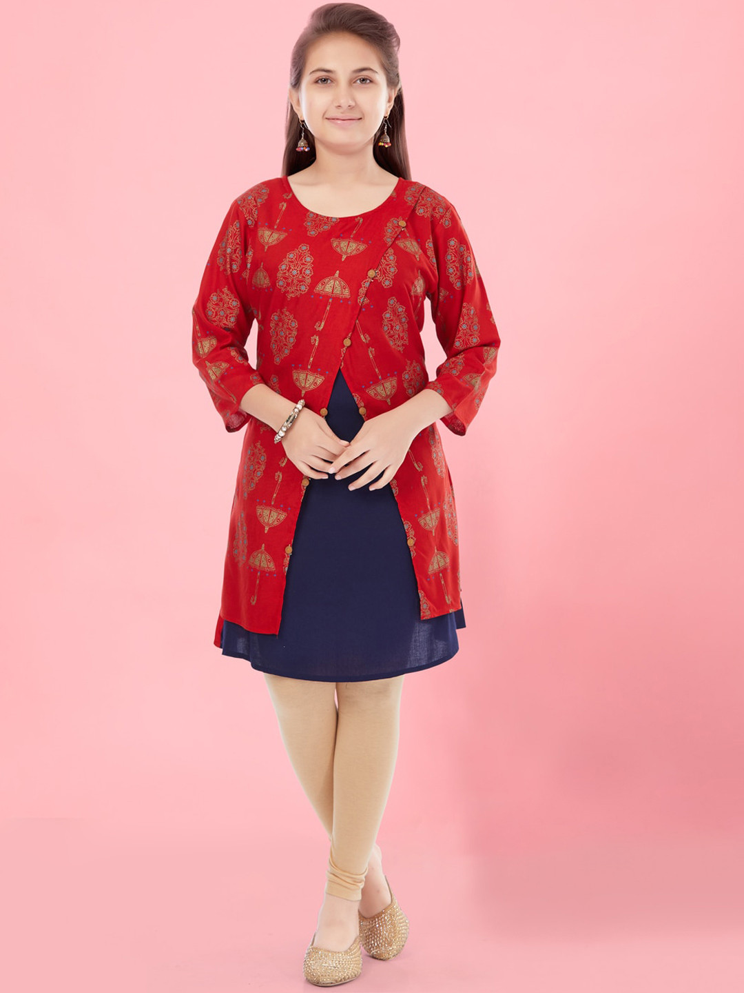 

Aarika Girls Ethnic Motifs Printed Pure Cotton A-line Kurta With Leggings, Red