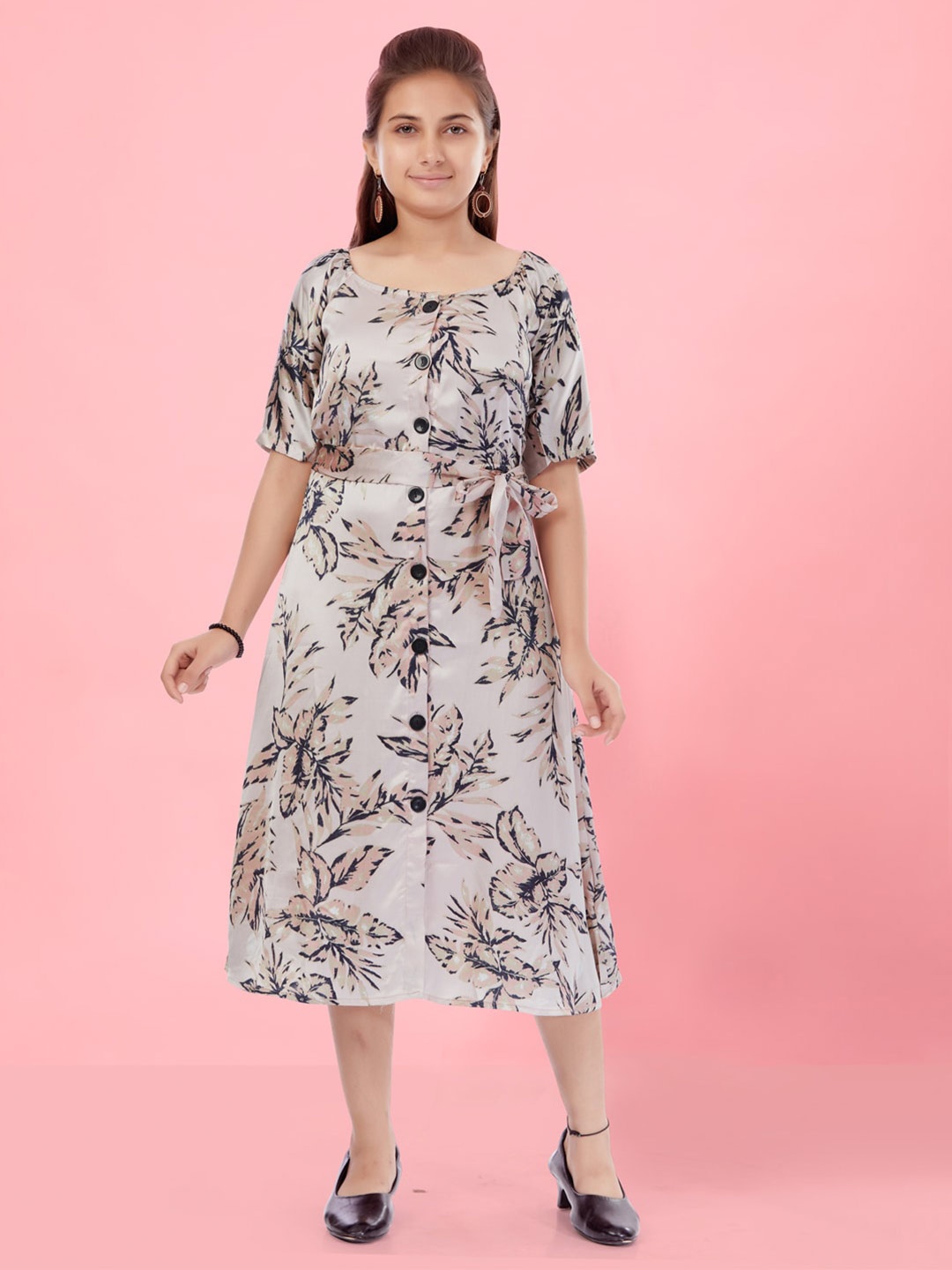 

Aarika Girls Floral Printed Round Neck Belted Silk A-Line Midi Dress, Pink