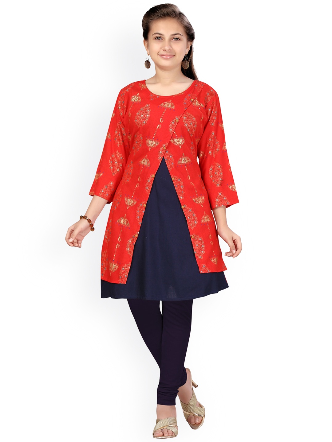 

Aarika Girls Ethnic Motifs Printed Regular Pure Cotton Kurta With Leggings, Red