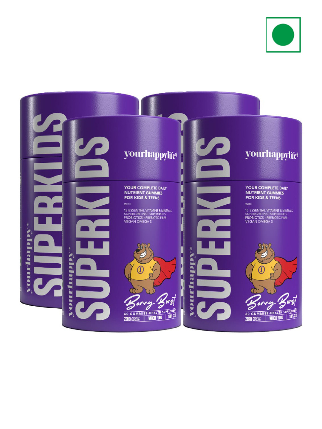 

yourhappylife 4Pcs SuperKids Gummies For Immunity - Berry Burst Flavour - 60 Gummies each, Purple
