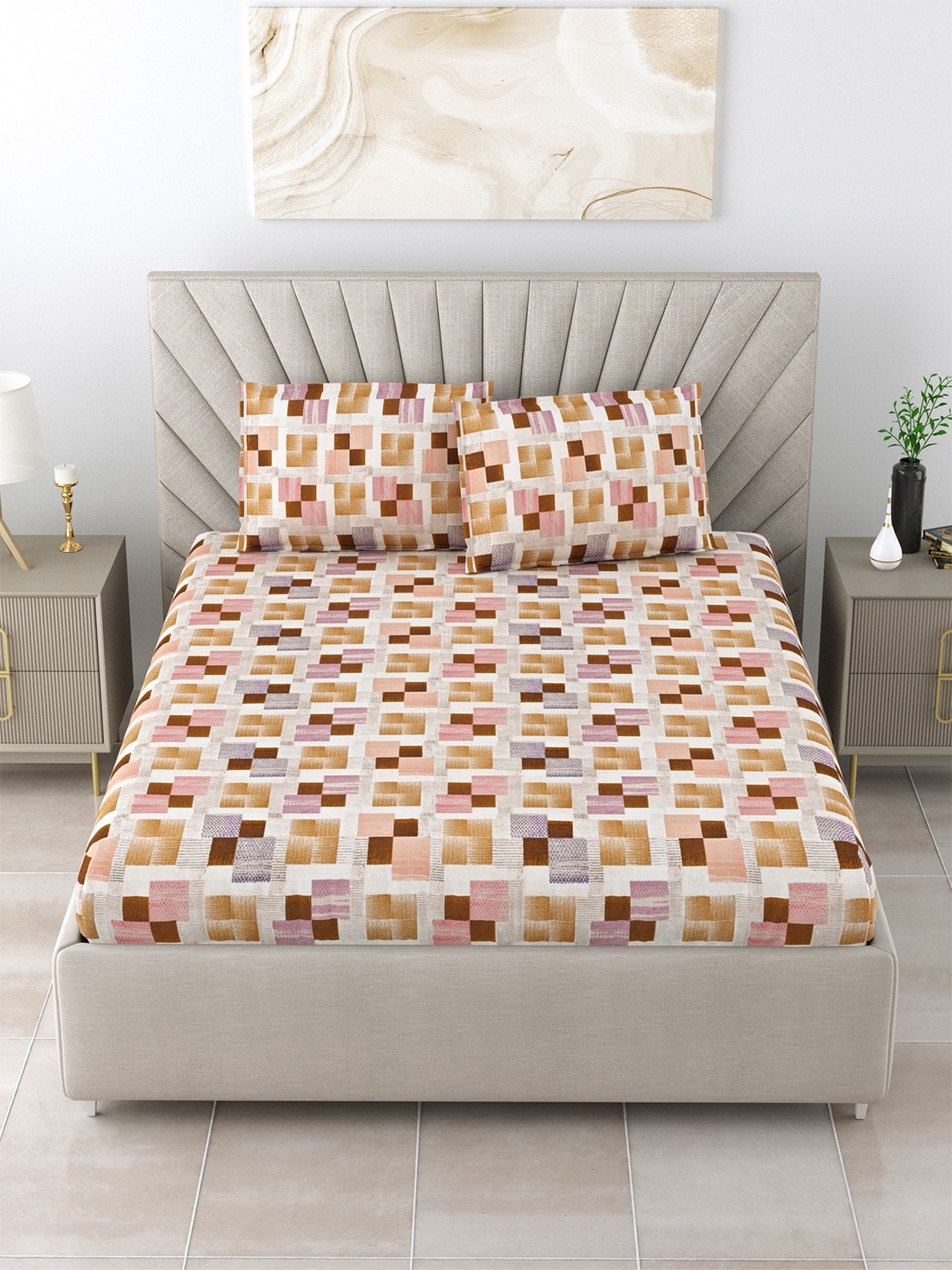 

Salona Bichona Brown Geometric 104 TC Pure Cotton King Bedsheet with 2 Pillow Covers