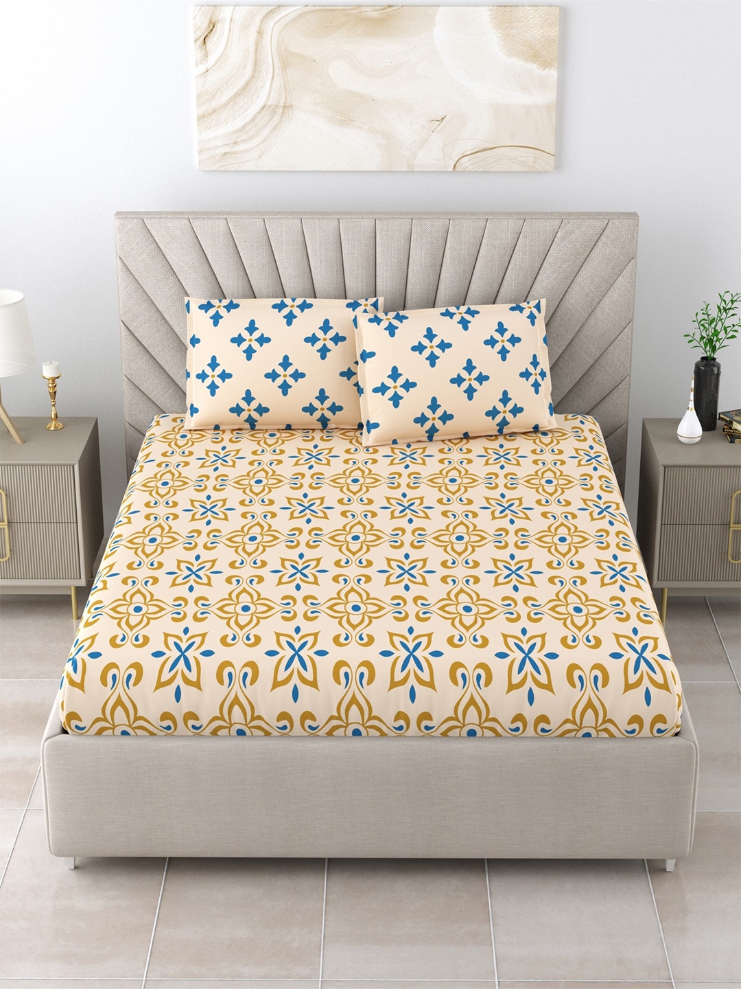 

Salona Bichona Beige & Blue Floral 104 TC Pure Cotton Queen Bedsheet with 2 Pillow Covers