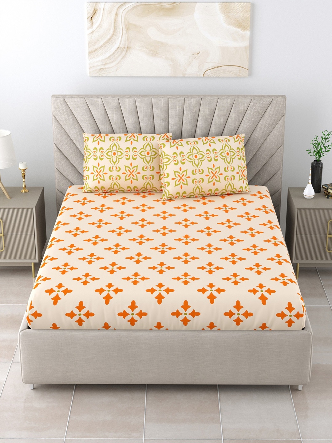 

Salona Bichona Orange & White Ethnic Motifs Cotton 104 TC King Bedsheet & 2 Pillow Covers