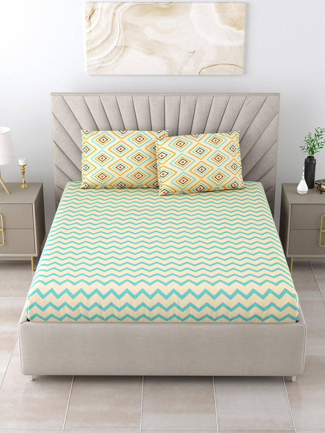 

Salona Bichona Blue & White Geometric Pure Cotton 104 TC King Bedsheet & 2 Pillow Covers
