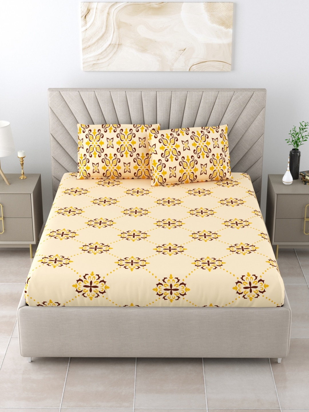 

Salona Bichona Yellow Ethnic Motifs 104 TC Pure Cotton Queen Bedsheet with 2 Pillow Covers