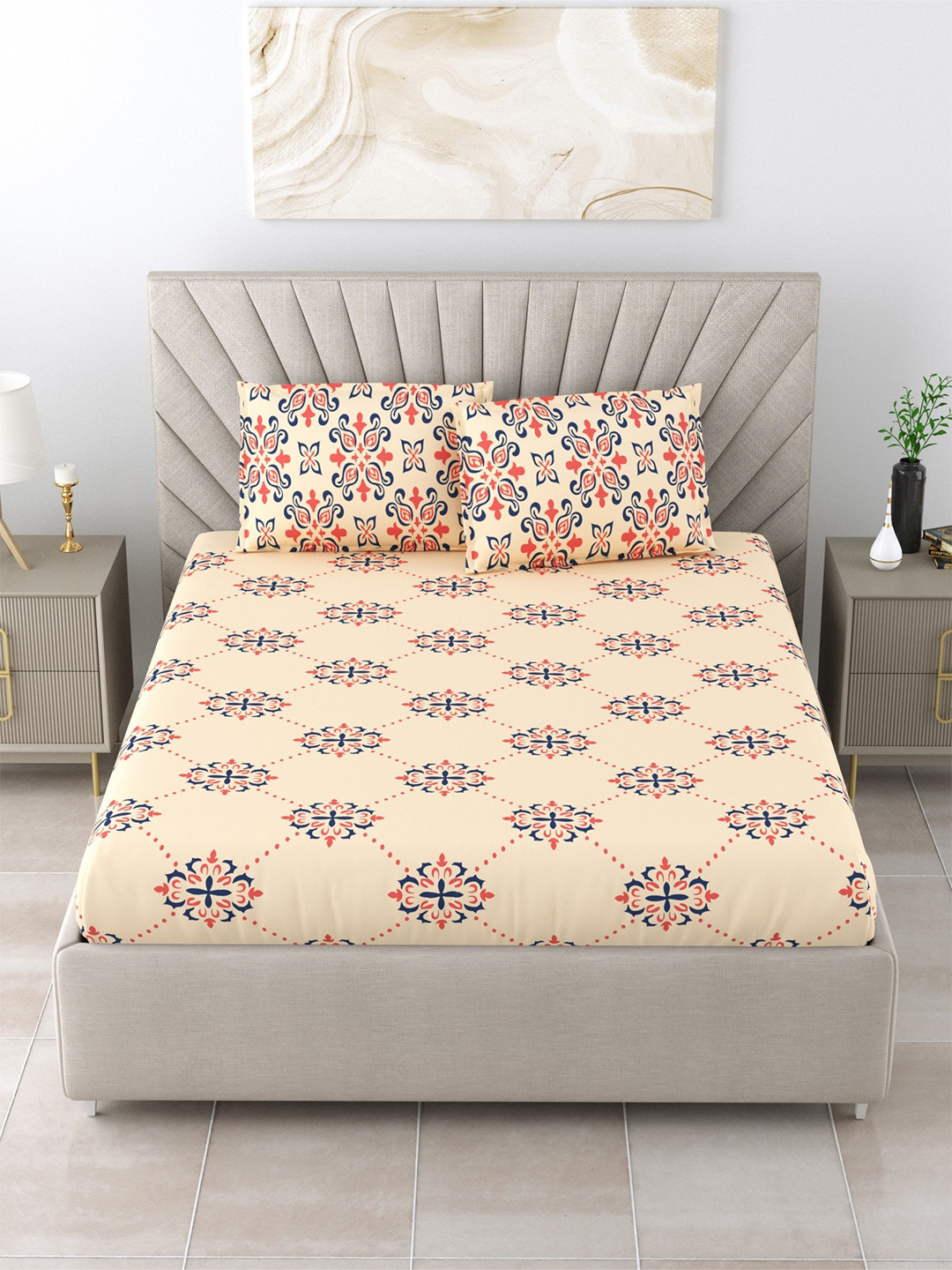 

Salona Bichona Beige & Blue Ethnic Pure Cotton 104 TC Queen Bedsheet & 2 Pillow Covers
