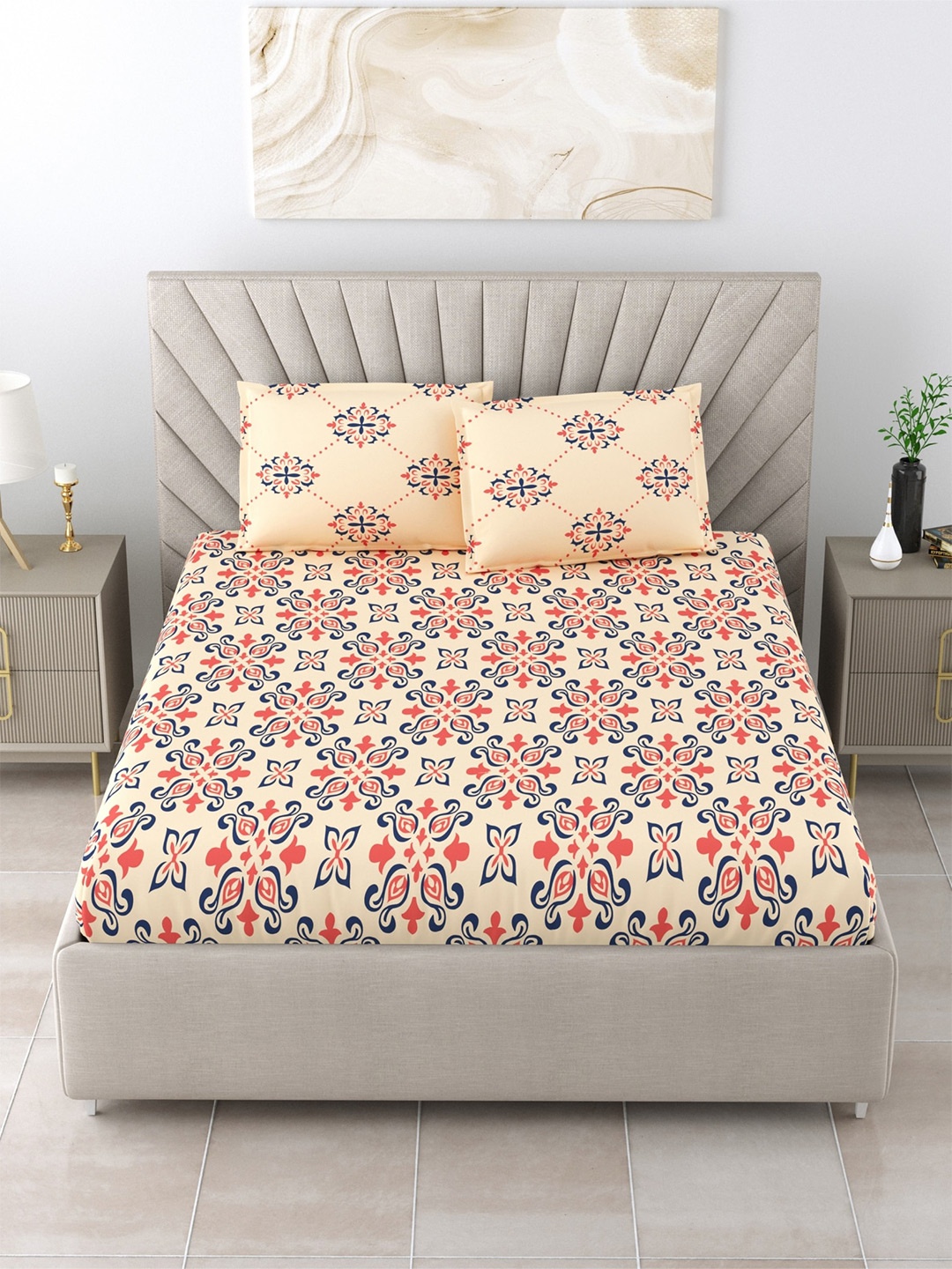 

Salona Bichona Beige Ethnic Motifs 104 TC Pure Cotton King Bedsheet with 2 Pillow Covers