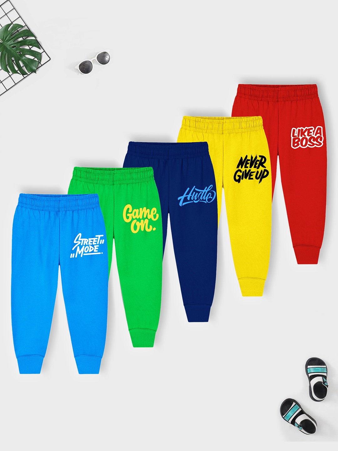 Trampoline Kids Pack Of 5 Typographic Printed Cotton Joggers, Blue