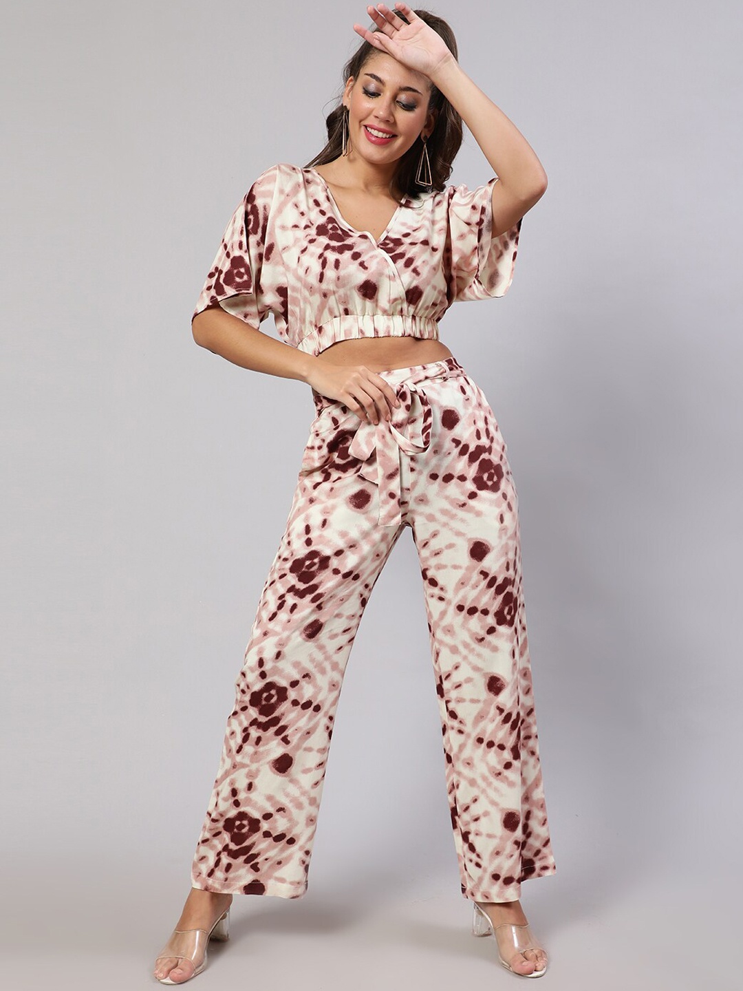 

DAEVISH Printed Crop Top With Trouser Co-Ords, Brown