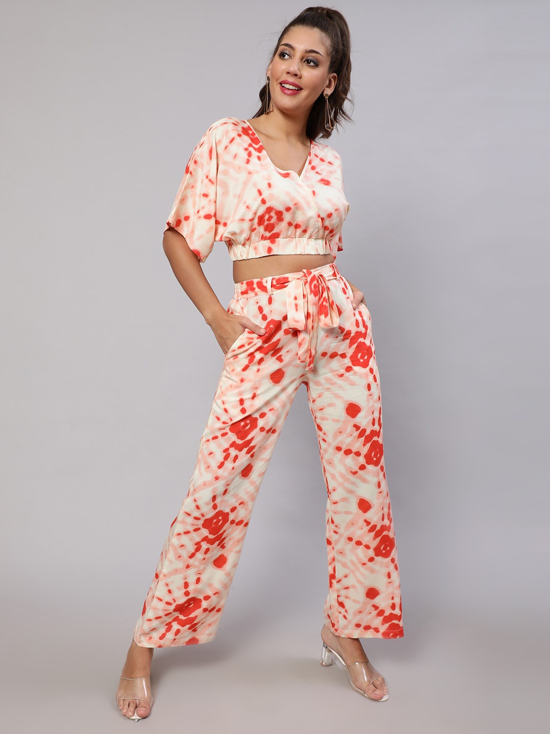 

DAEVISH Dyed V-Neck Crop Top With Trouser, Off white