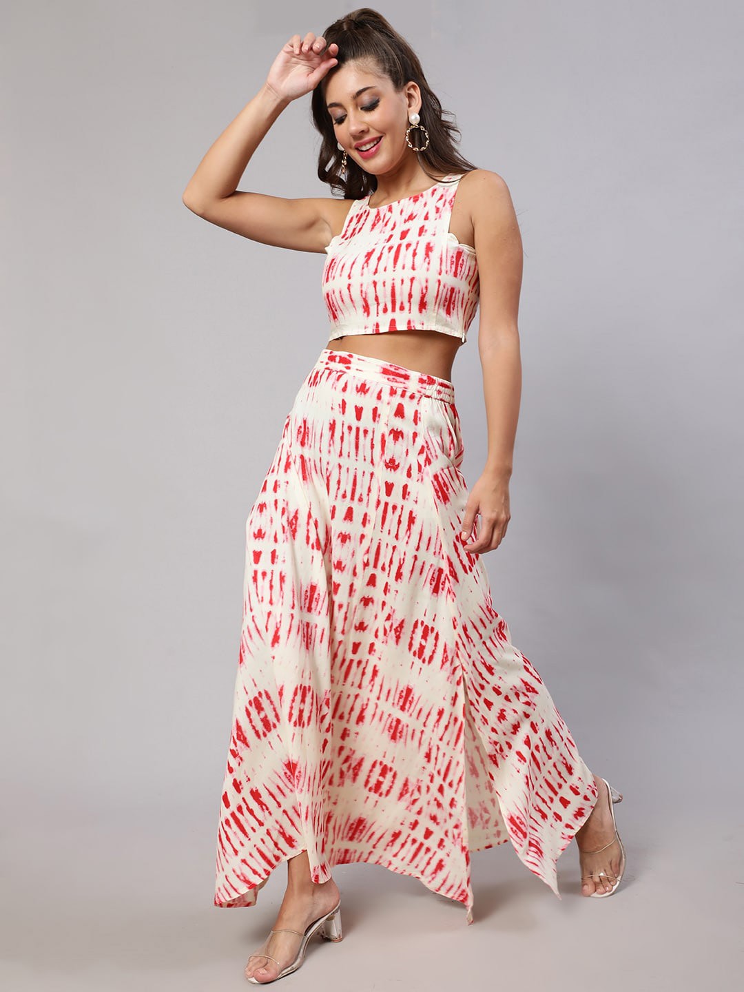 

DAEVISH Tie-Dye Sleeveless Crop Top With Skirt, Red