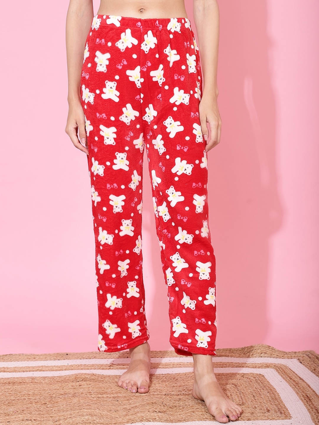 

TAG 7 Women Cartoon Printed Mid-Rise Wool Fur Lounge Pants, Red