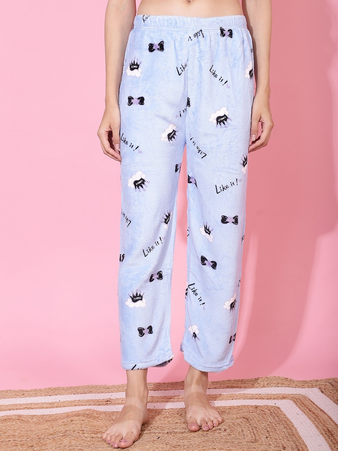 

TAG 7 Women Cartoon Printed Mid-Rise Wool Fur Lounge Pants, Blue