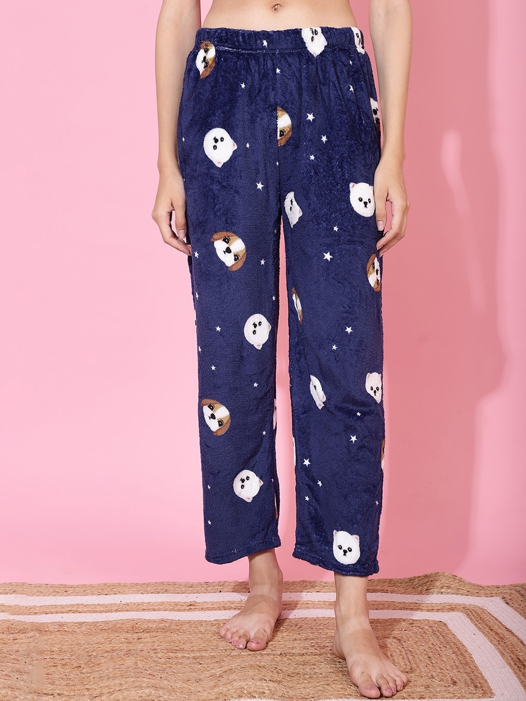

TAG 7 Women Conversational Printed Fur Mid-Rise Lounge Pants, Navy blue