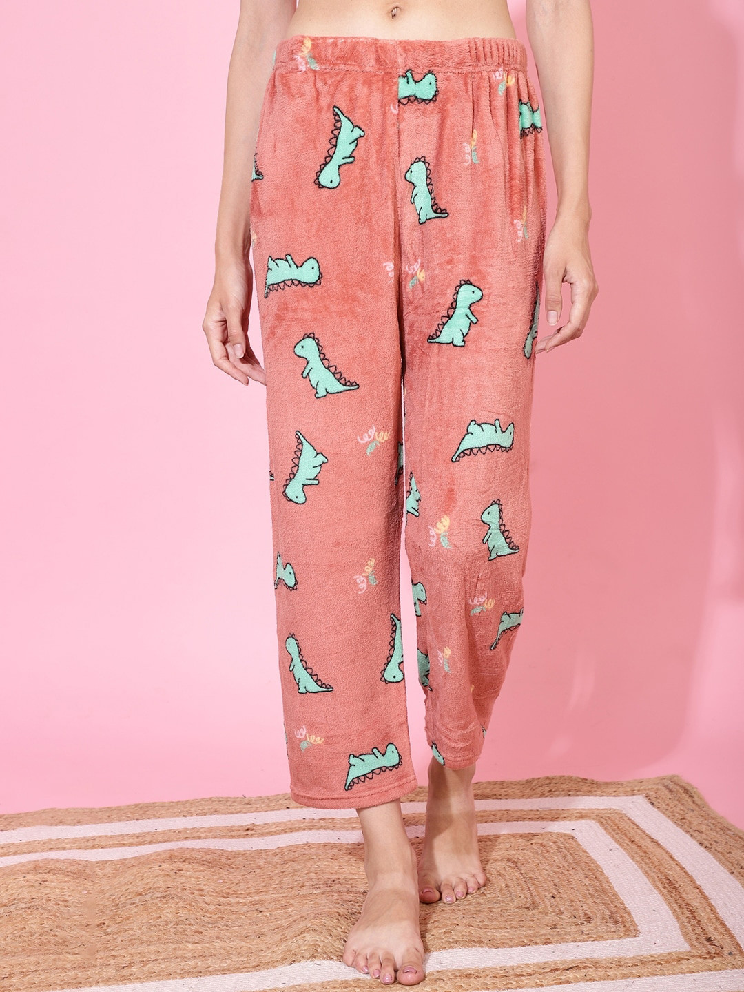 

TAG 7 Women Cartoon Printed Faux Fur Lounge Pants, Pink