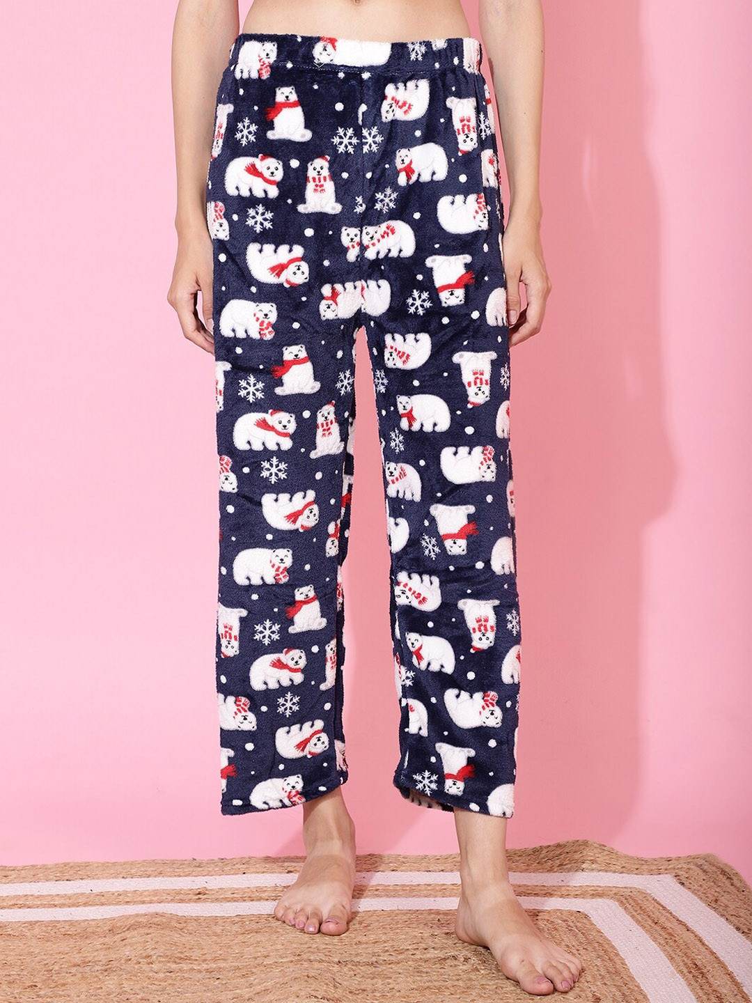 

TAG 7 Women Cartoon Printed Mid-Rise Wool Fur Lounge Pants, Navy blue