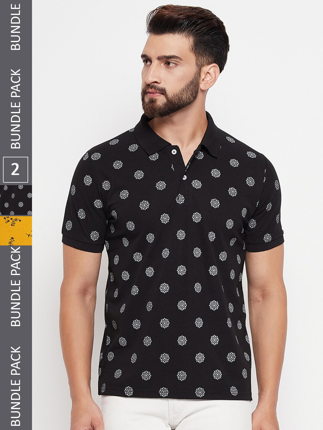 

VERO AMORE Pack of 2 Conversational Printed Polo Collar Regular Fit Cotton T-Shirt, Black