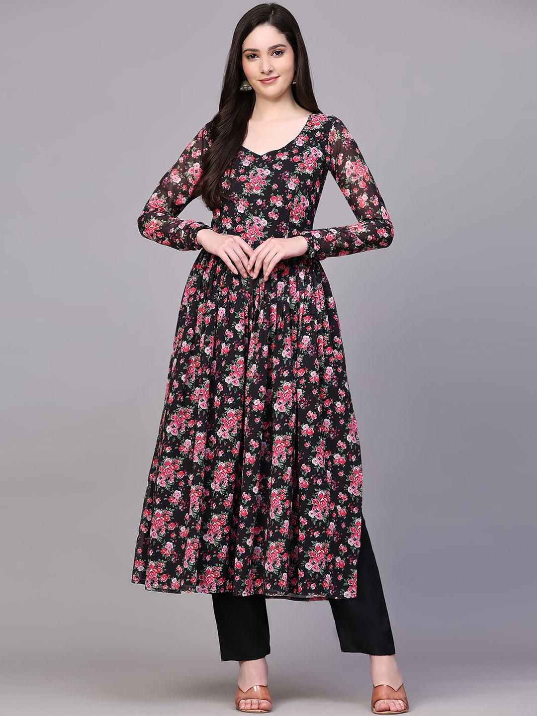 

KALINI Floral Printed V-Neck Pleated Georgette Anarkali Kurta, Black